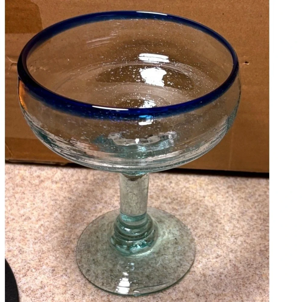 Margarita Glass Clear Blue Good‎ Hand Blown Cobalt Rim